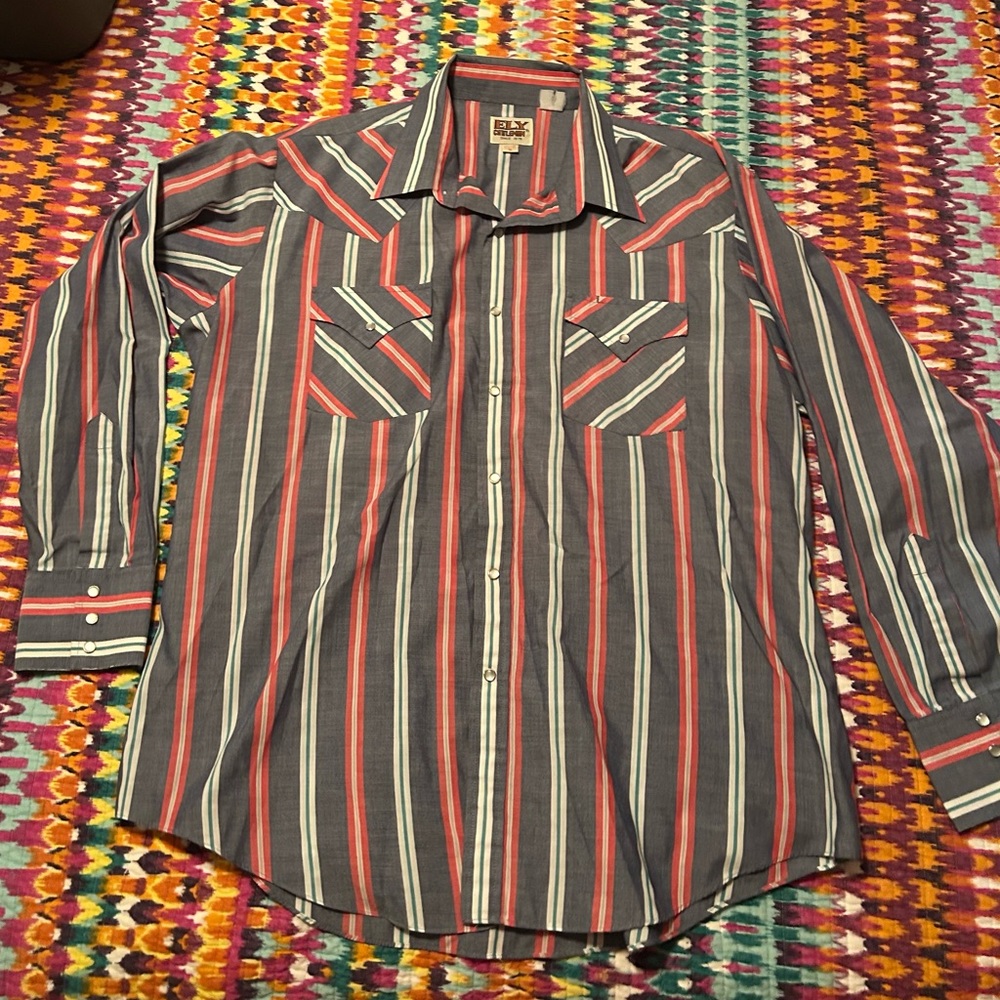 Ely Cattleman Retro Red and Blue Striped Western Pearl Snap Shirt